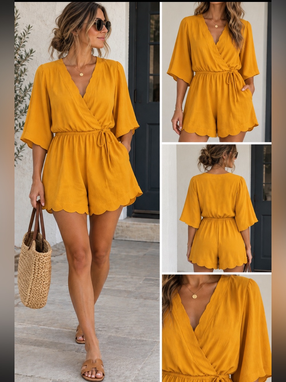 Vici collection. Yellow Scalloped Hem Wrap Romper - Women Pants & Jumpsuit.